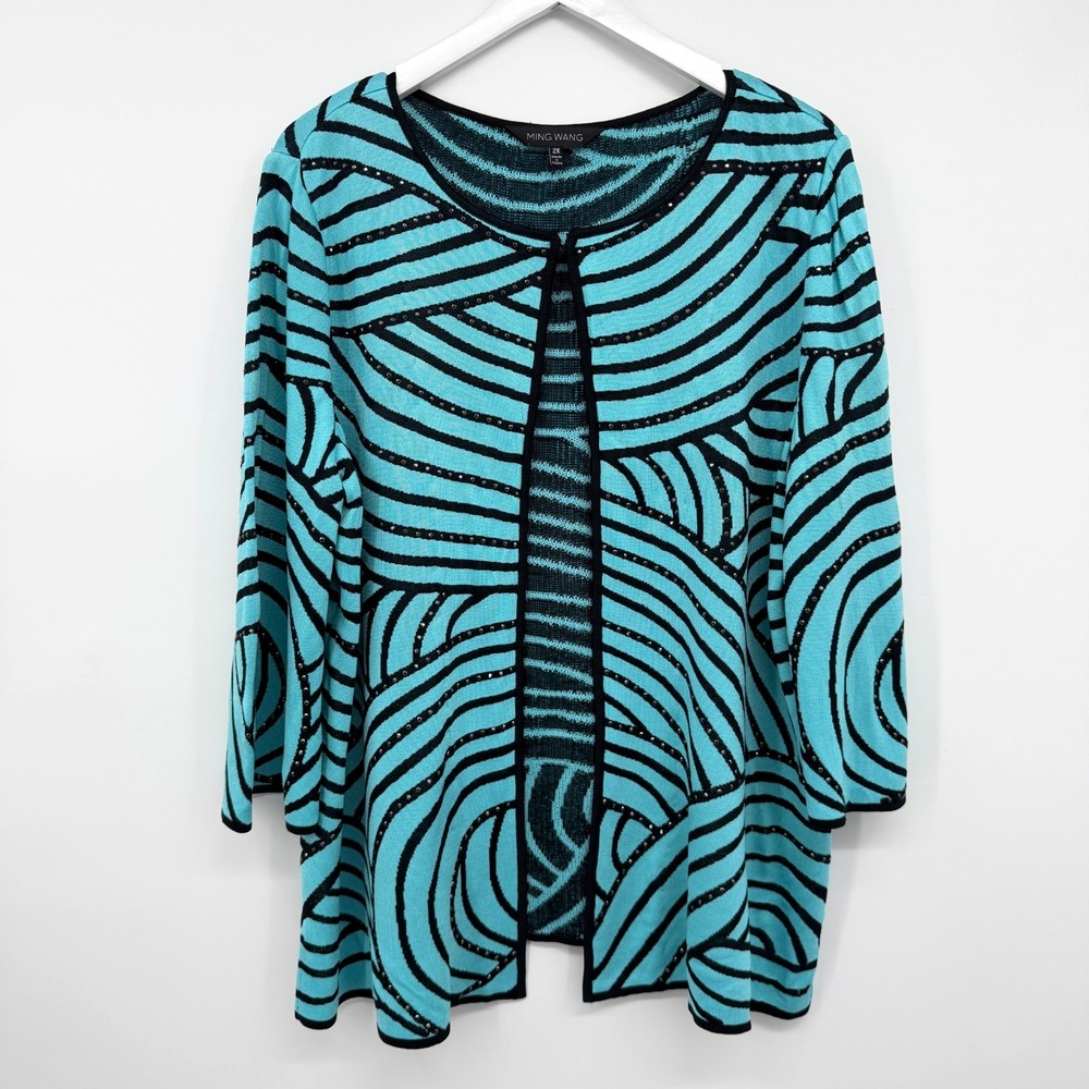 Ming Wang Jacket Cardigan Size 2X Studded 3/4 Sleeve Stretch Knit Career Office